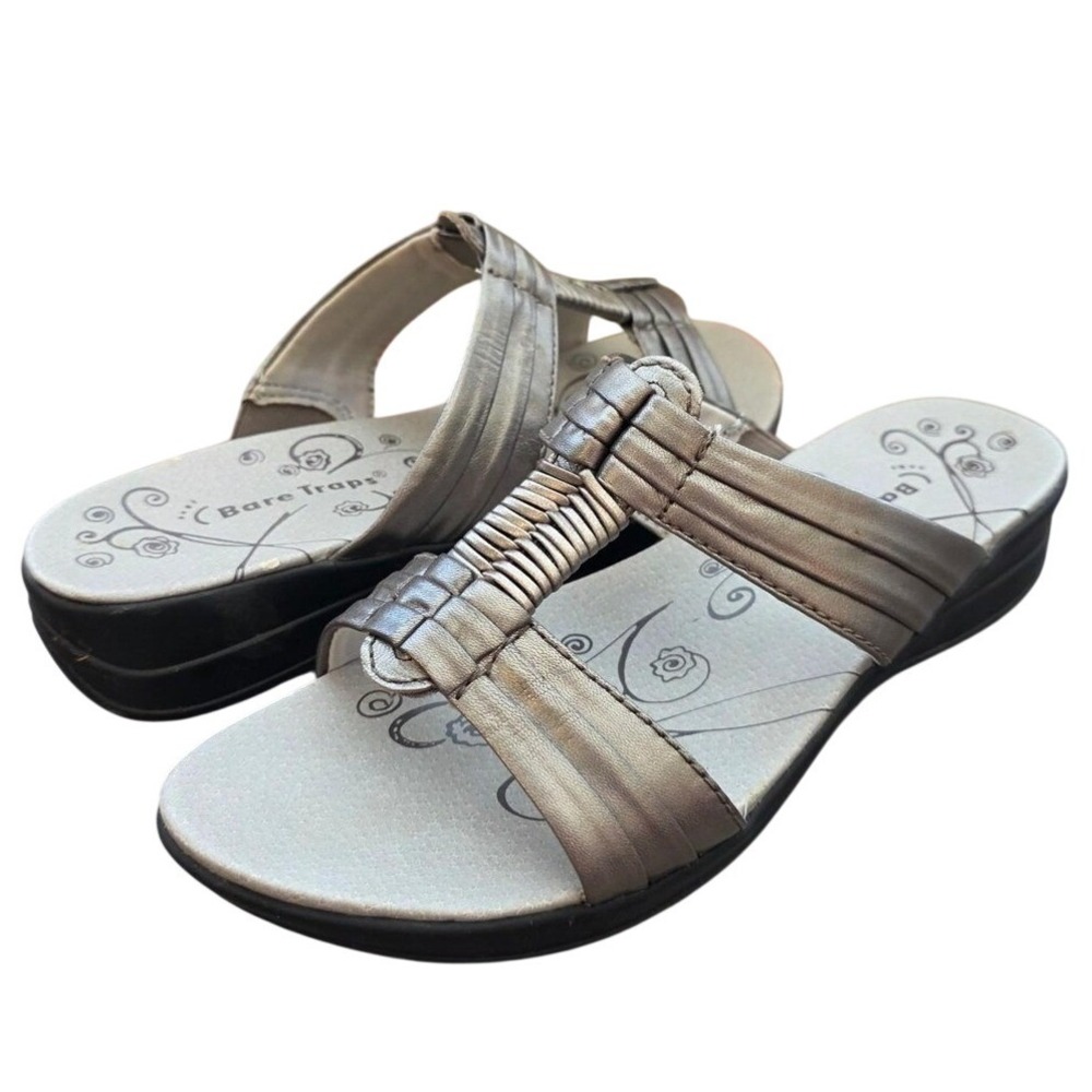 NIB Vintage Boho Old Silver Leather Slide Wedge Sandals By Baretraps Size 7.5